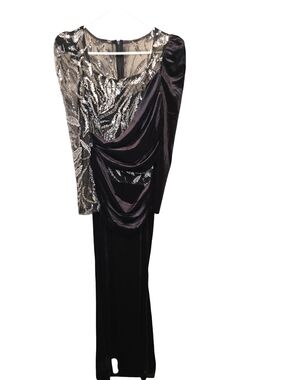 Elegant Long Sleeve Sequin and Velvet Evening Dress - Black